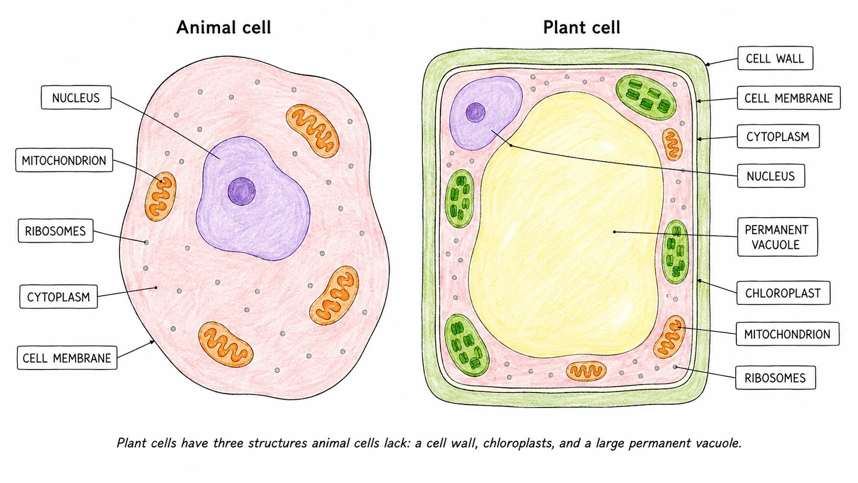 Labelled animal cell on the left and labelled plant cell on the right, showing the organelles each contains