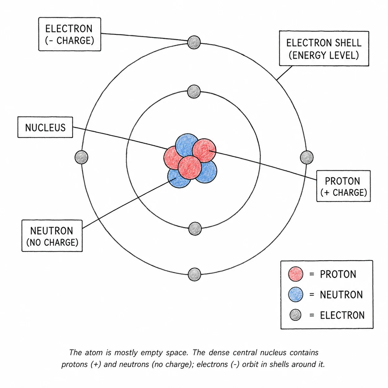 Structure of an atom — central nucleus surrounded by electron shells
