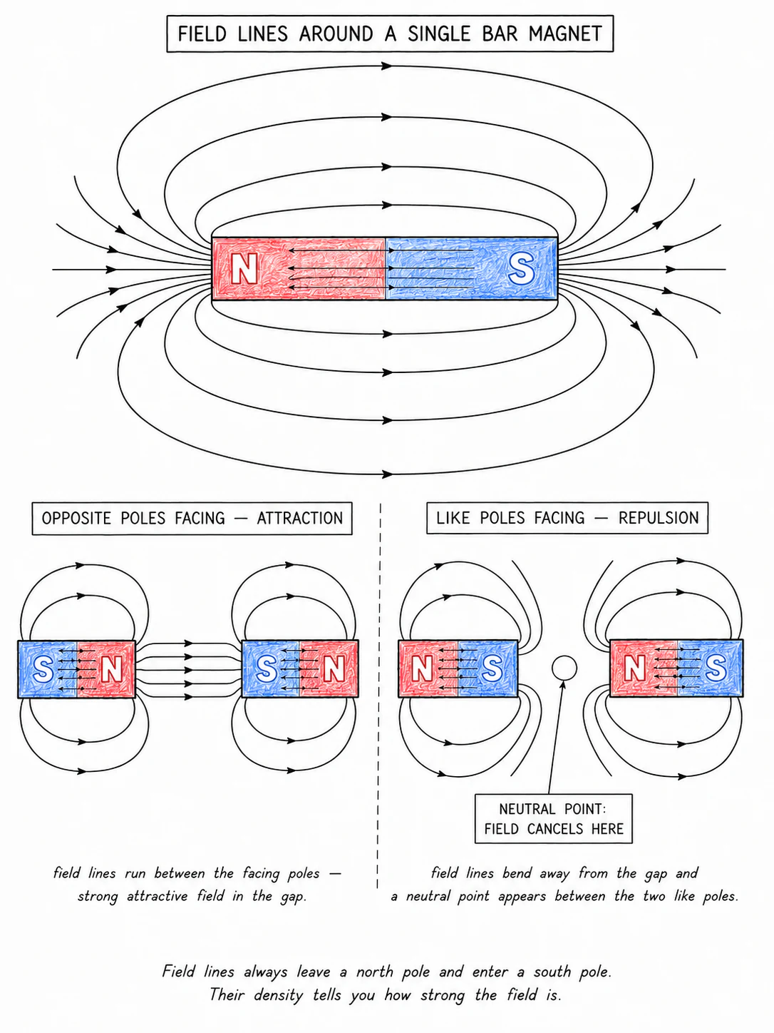 A bar magnet with the conventional N–S field-line pattern drawn around it, showing close-together lines at the poles and spreading lines further out, plus two additional small panels showing the line pattern between two attracting (N–S) and two repelling (N–N) bar magnets