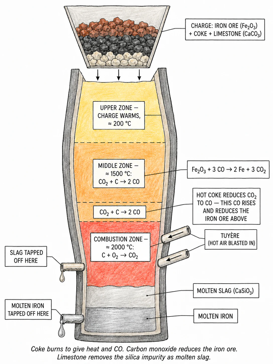 Cutaway of a blast furnace, showing the inputs at the top, the air blast at the bottom, and the three reaction zones inside