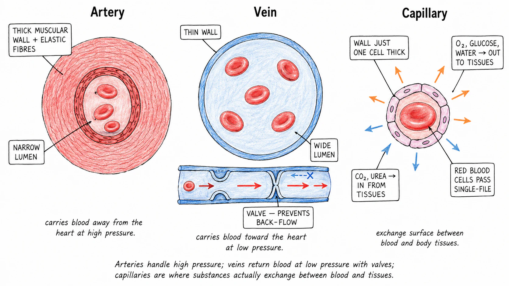 Cross-sections of an artery, a vein, and a capillary side by side, each labelled with thickness, lumen, valves, and a note on what they carry