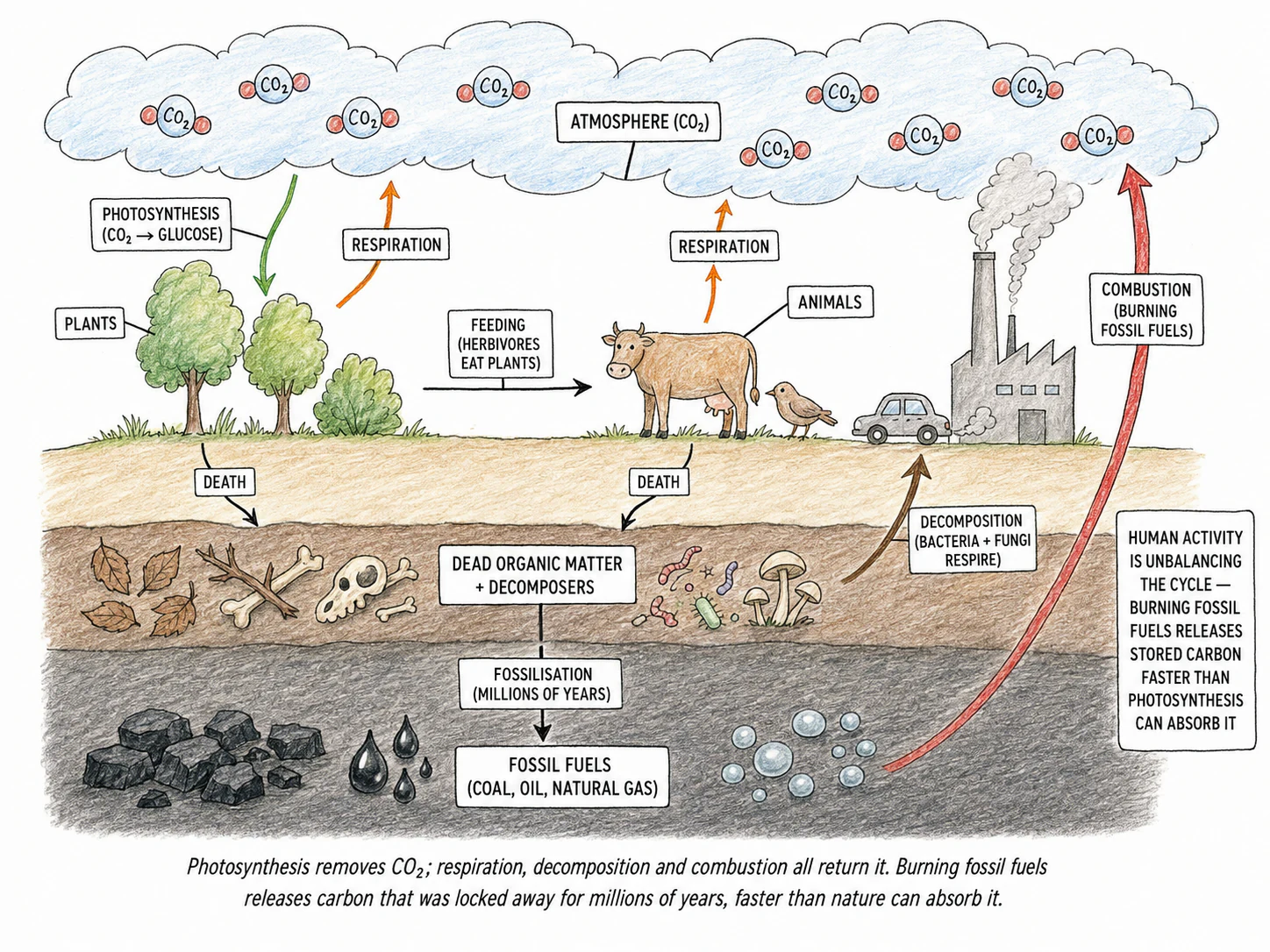 A labelled carbon cycle diagram showing the atmosphere (with CO₂) at the top, plants taking up CO₂ by photosynthesis and returning it by respiration, animals eating plants and respiring, dead matter being decomposed and returning CO₂, fossil fuels formed over millions of years from buried organisms, and combustion releasing fossil carbon back to the atmosphere. Each process clearly labelled