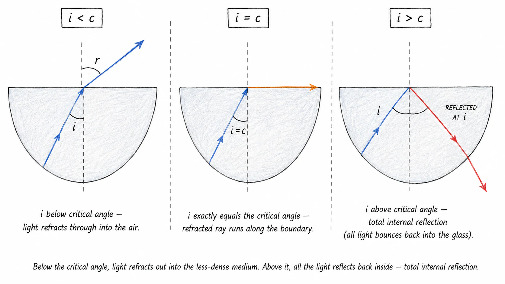 A three-panel ray-diagram showing a ray of light inside a semi-circular glass block hitting the flat side at three angles — below the critical angle (refracts out into air), exactly at the critical angle (refracted ray grazes along the boundary at 90°), and above the critical angle (totally internally reflects back into the glass)