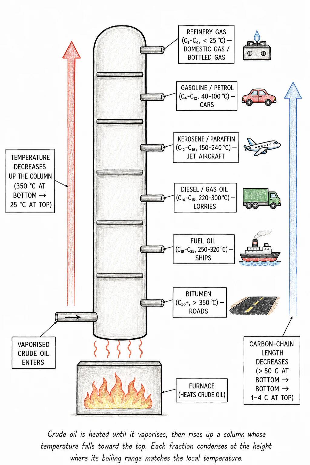Cutaway of a fractionating column for crude oil, with the temperature gradient labelled, the six standard fractions tapped off at their condensation heights, and a representative use beside each fraction