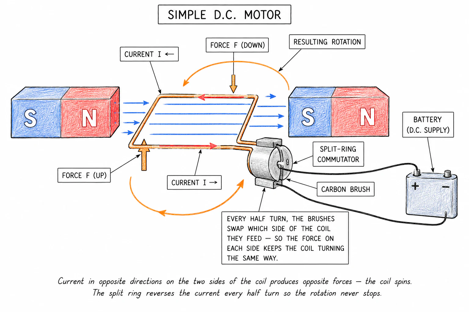 Simple d.c. motor: rectangular current-carrying coil between magnet poles, split-ring commutator and carbon brushes