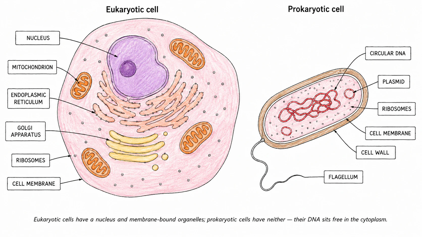 Side-by-side eukaryotic and prokaryotic cell comparison
