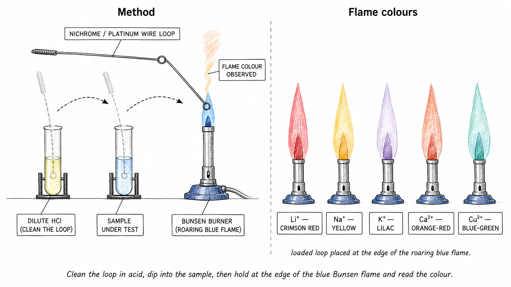 Flame-test technique on the left and the five flame-colour results on the right
