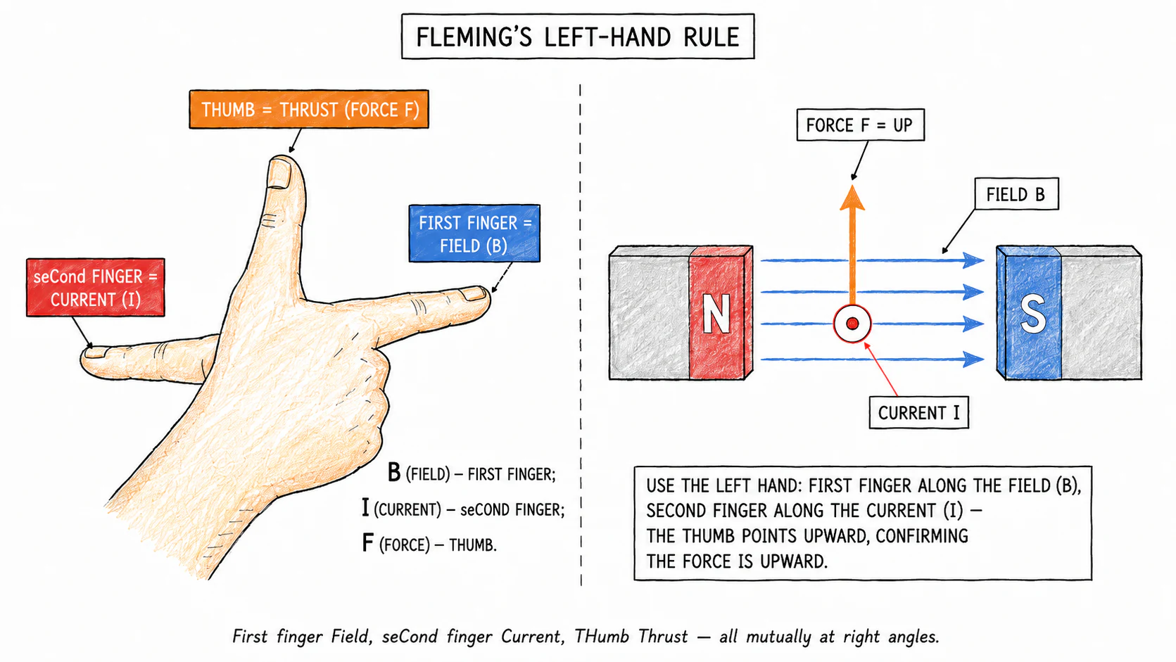 Fleming's left-hand rule: first finger for field, second finger for current, thumb for thrust