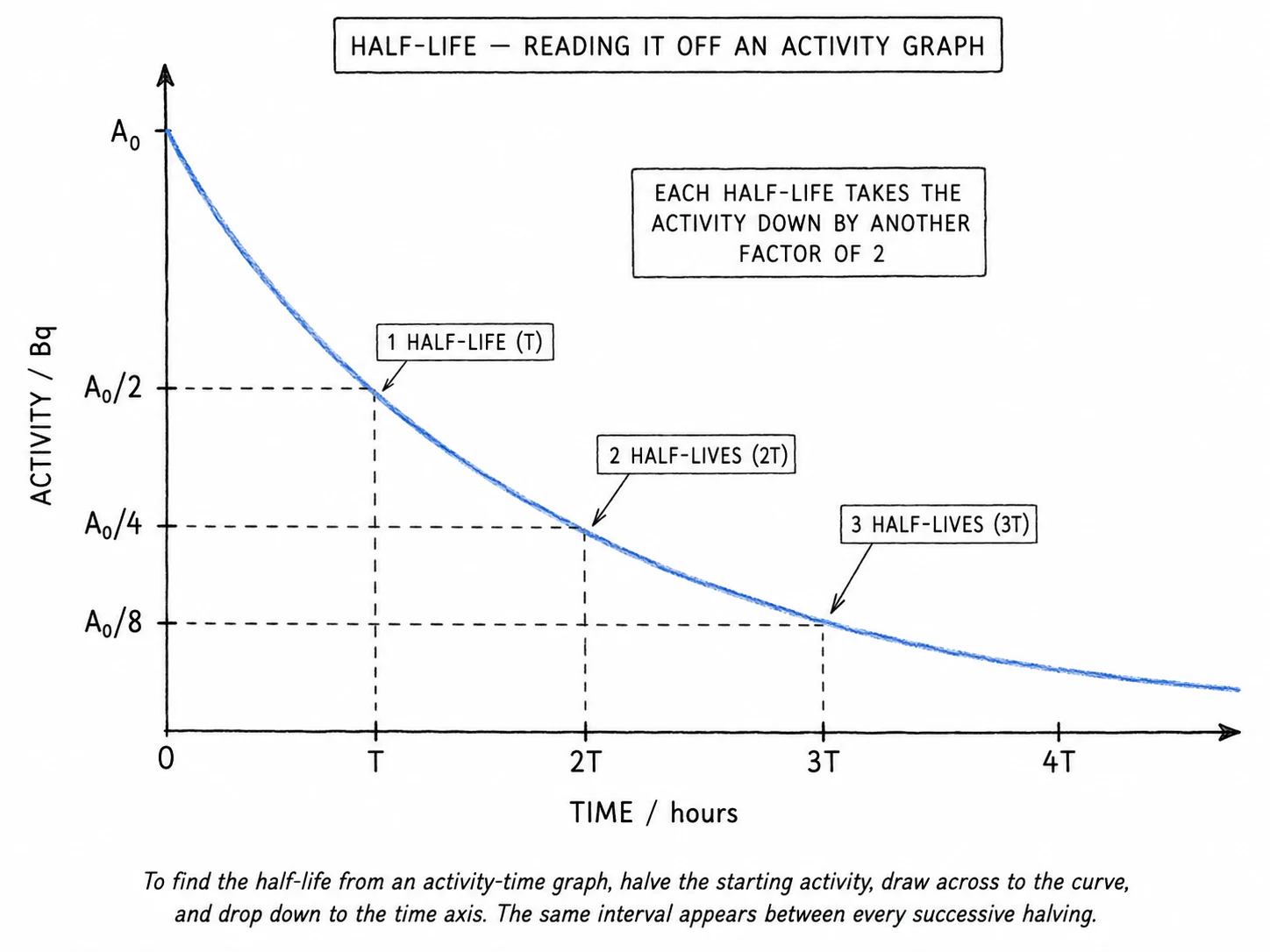 Activity vs time graph: an exponential decay curve with step-down lines marking successive half-lives, each one halving the activity again