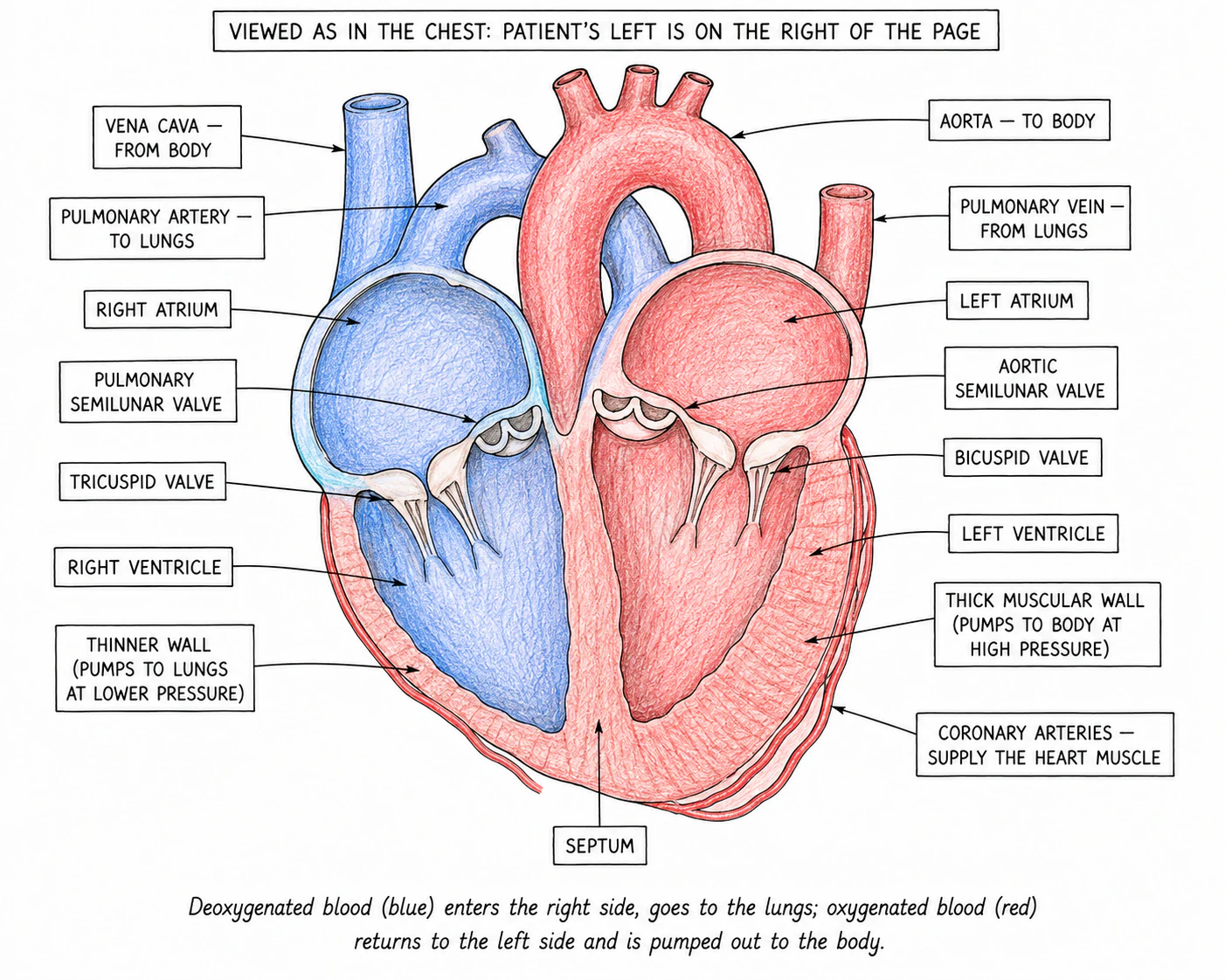 A labelled cross-section of the human heart showing all four chambers, all four valves, and the main blood vessels (vena cava, pulmonary artery, pulmonary vein, aorta), with red and blue colour-coding for oxygenated and deoxygenated blood