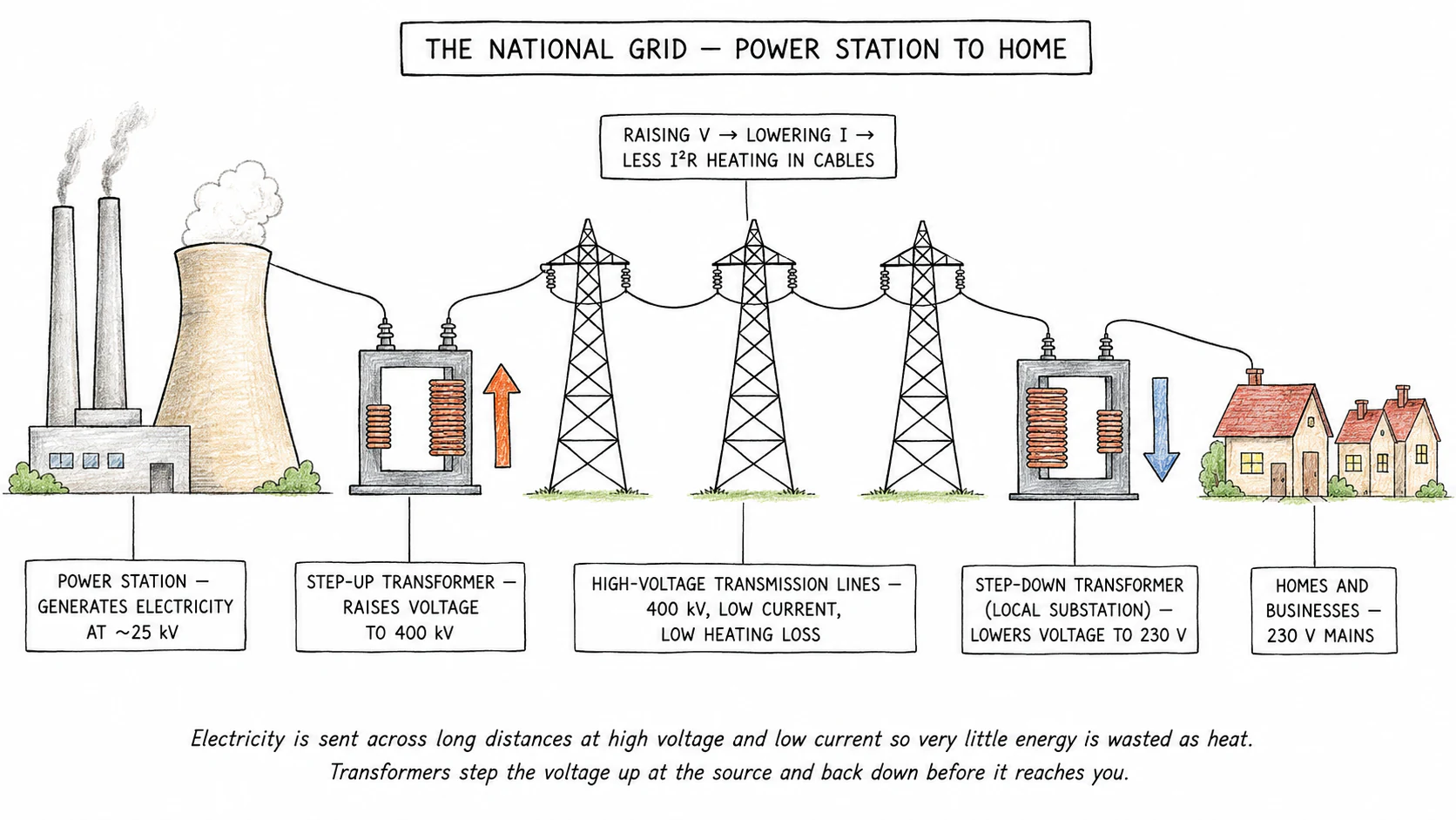 A schematic of the National Grid showing a power station on the left, a step-up transformer raising the voltage to 400 kV, long high-voltage transmission pylons carrying the electricity across country, a step-down substation transformer lowering the voltage to 230 V, and houses on the right receiving 230 V mains