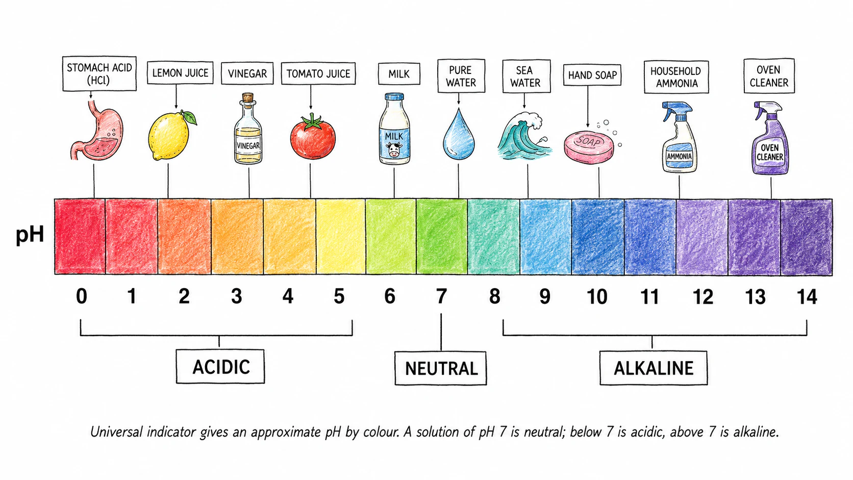 The pH scale labelled 0 to 14 with universal-indicator colour bands beneath each integer and example substances above the strip