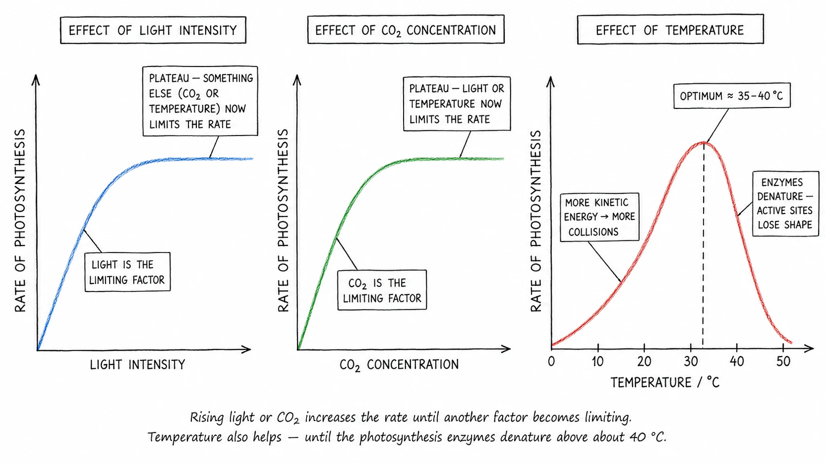 Three graphs of rate of photosynthesis against (a) light intensity, (b) CO₂ concentration, and (c) temperature. The first two graphs rise then plateau; the temperature graph rises to an optimum then crashes as enzymes denature