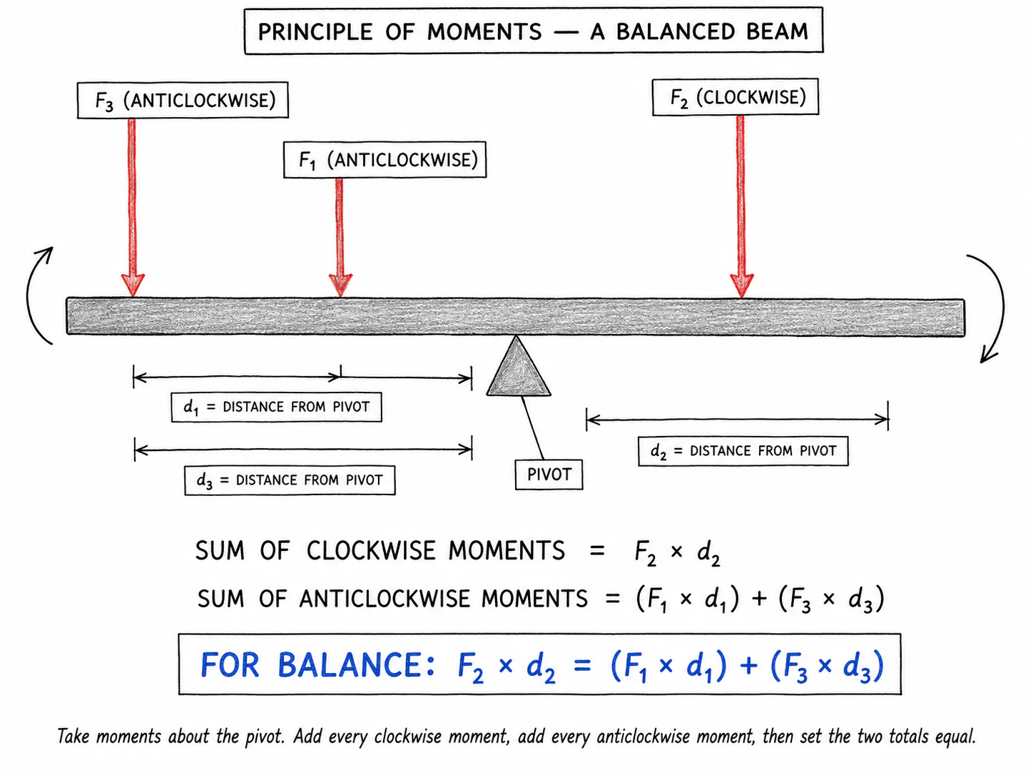 Principle of moments: clockwise moments balanced against anticlockwise moments about a single pivot