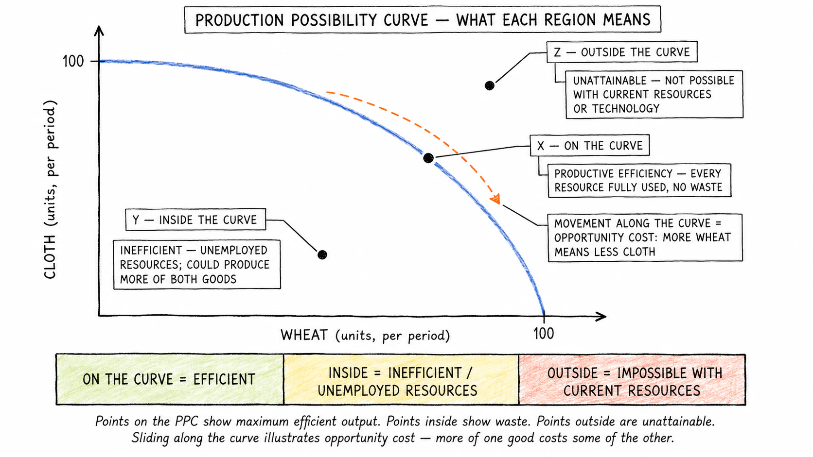 Production possibility curve: efficient on the curve, inefficient inside, unattainable outside