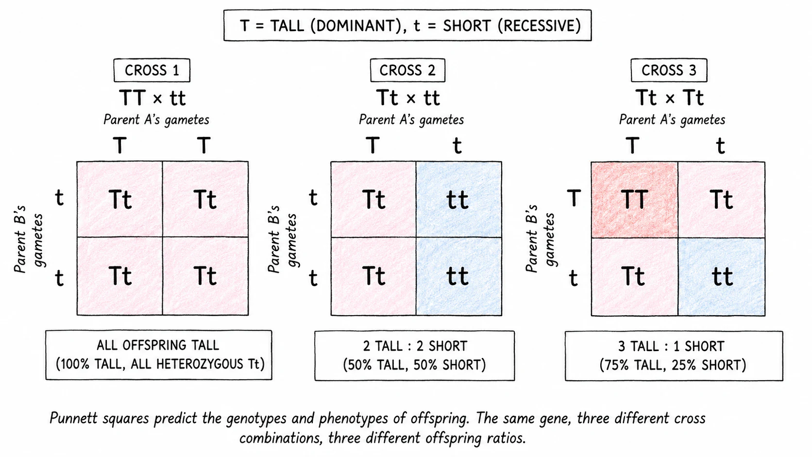 Three Punnett squares side by side showing the three cross types (Tt × Tt giving 3:1, Tt × tt giving 1:1, and TT × tt giving all heterozygous), each with the resulting genotype and phenotype ratios labelled