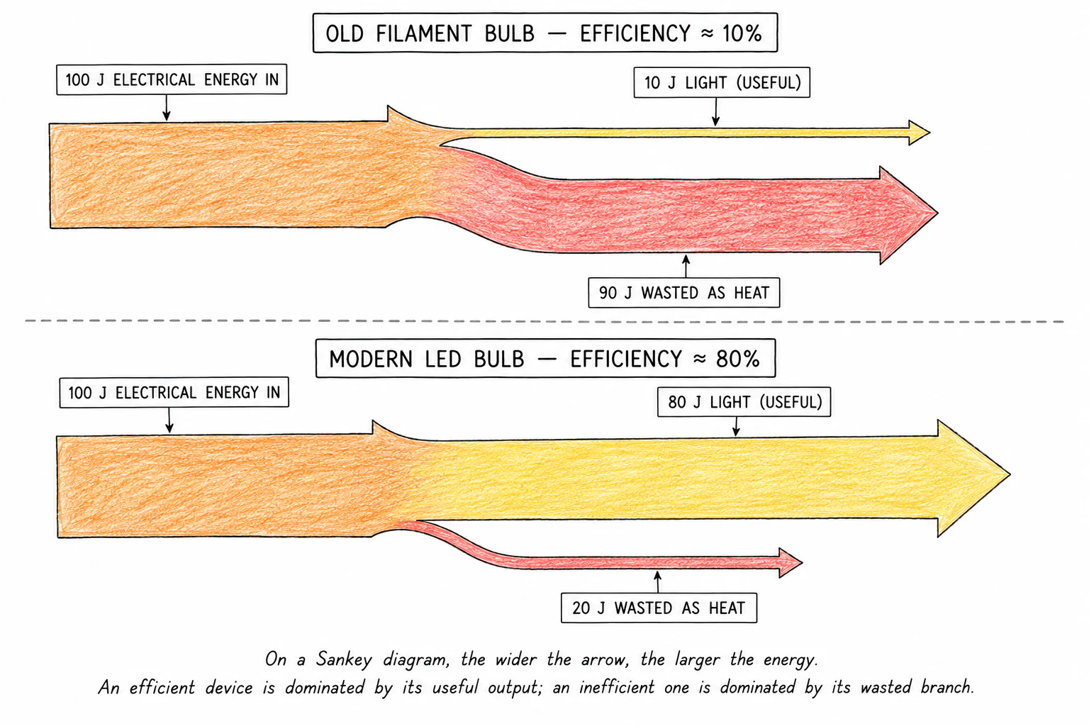 A side-by-side comparison of two Sankey diagrams, one for an old filament light bulb with most energy wasted as heat and one for a modern LED with most energy useful as light, with each arrow's width drawn in proportion to the energy it represents