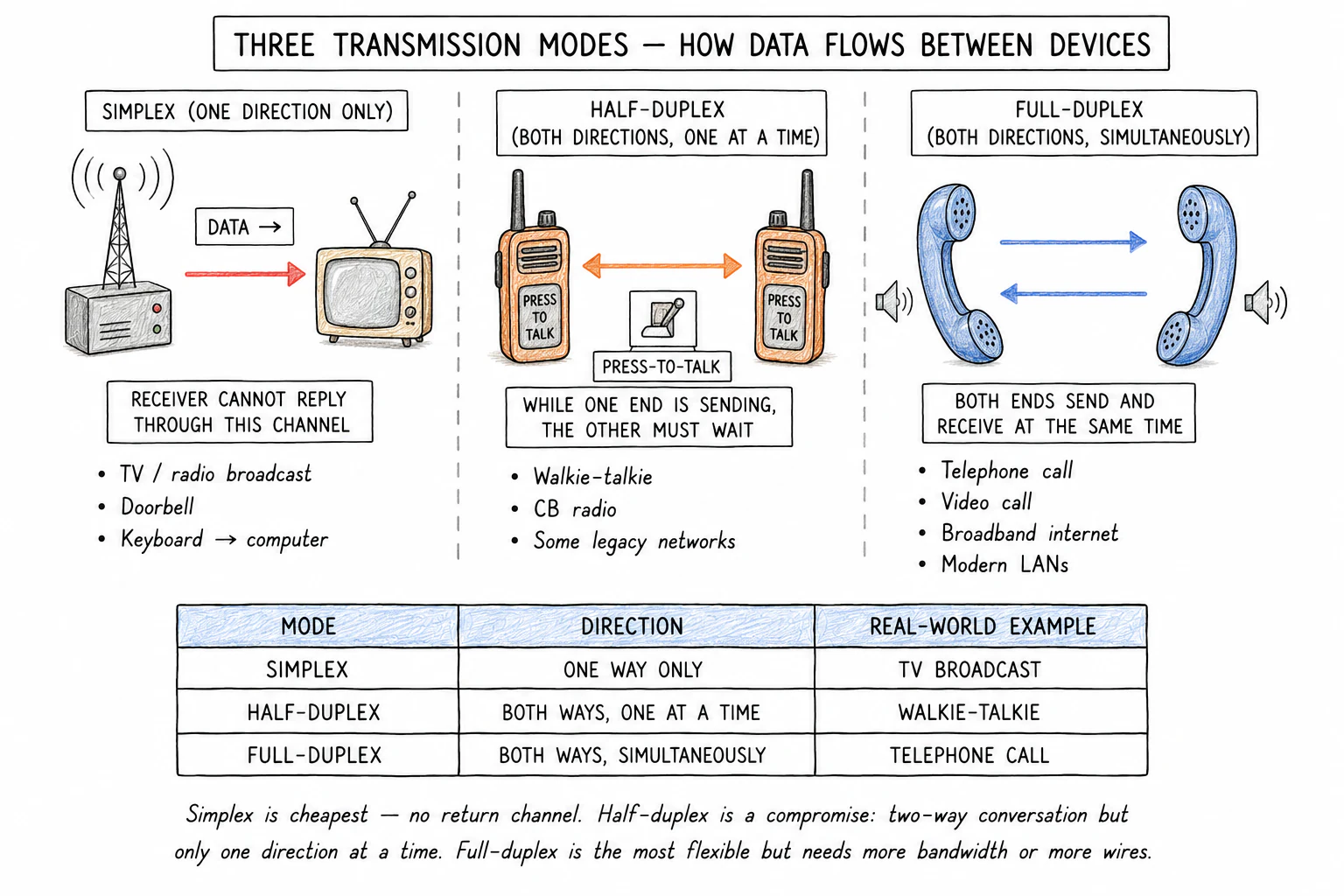 Three pairs of devices showing the three transmission modes. The simplex pair has one arrow from device A to device B. The half-duplex pair has a single bi-directional arrow with a switch icon, indicating only one direction is active at a time. The full-duplex pair has two parallel arrows running in opposite directions, both active. Each pair labelled with a real-world example: TV broadcast, walkie-talkie, telephone
