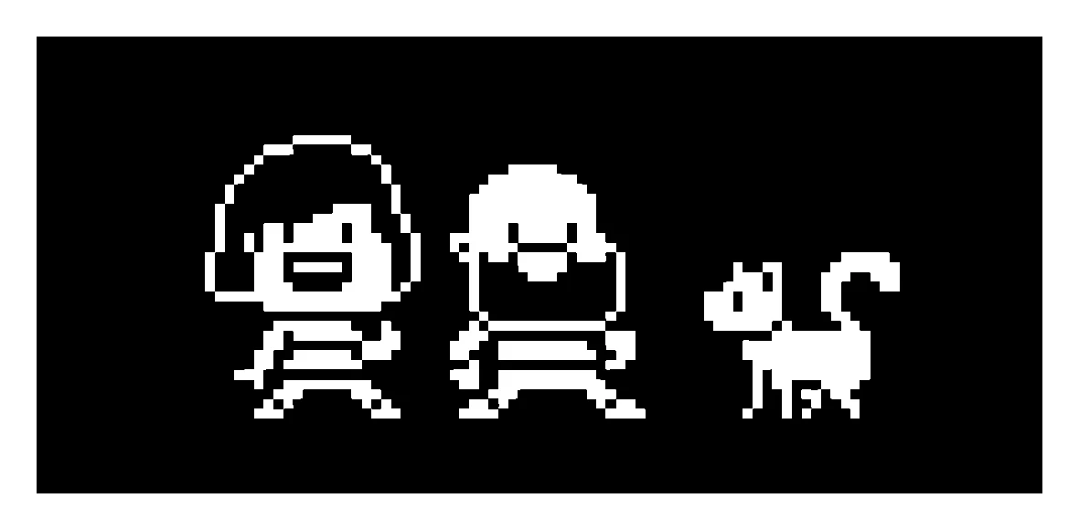 A 1-bit bitmap showing two figures and a cat drawn as white pixels on a black background. Each pixel is either on (white) or off (black), which is all a single bit per pixel can record