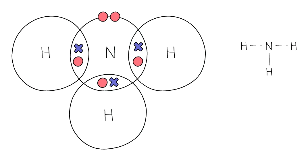 Dot-and-cross diagram for ammonia NH₃, showing three N–H bonding pairs and one lone pair on the nitrogen, with the structural formula