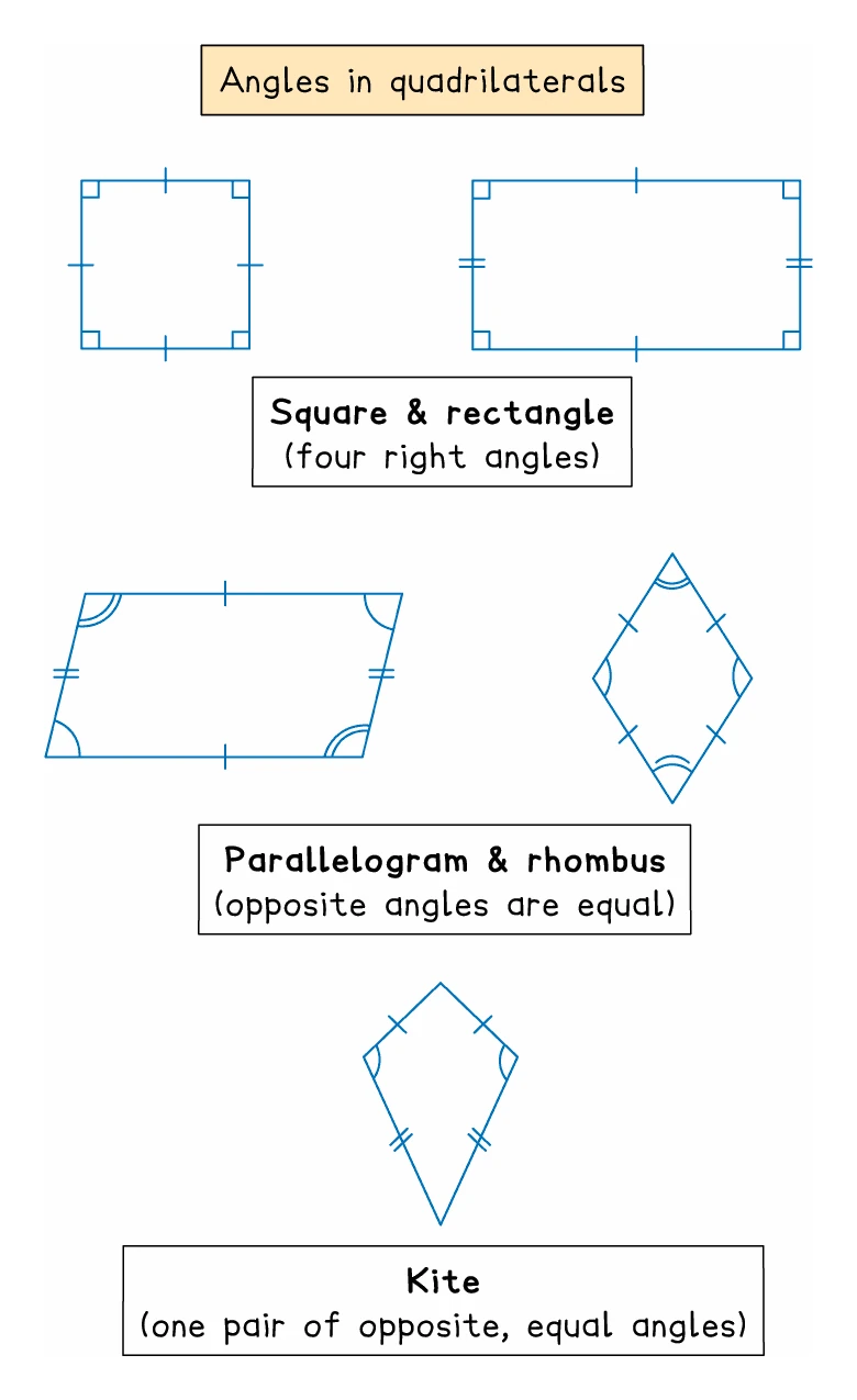 Which angles a quadrilateral's own shape makes equal: a square and a rectangle have four right angles, a parallelogram and a rhombus have equal opposite angles marked in pairs, and a kite has one pair of equal opposite angles