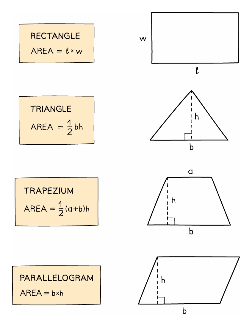 The four area formulas with a labelled diagram for each: a rectangle of length l and width w with area l × w, a triangle of base b and perpendicular height h with area a half b h, a trapezium with parallel sides a and b and height h with area a half of a plus b, all times h, and a parallelogram of base b and perpendicular height h with area b h, the height drawn as a dashed line meeting the base at a right angle in each case