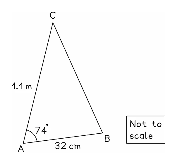 Triangle ABC marked not to scale with AC given as 1.1 m, AB as 32 cm and the angle at A between them as 74 degrees, so the two sides and their included angle are known but the units must be matched before the area formula is used
