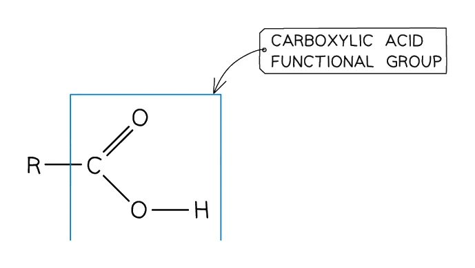 General carboxylic acid functional group: an alkyl group R bonded to a carbon that has a C=O double bond and an O−H single bond, making up the −COOH carboxyl group