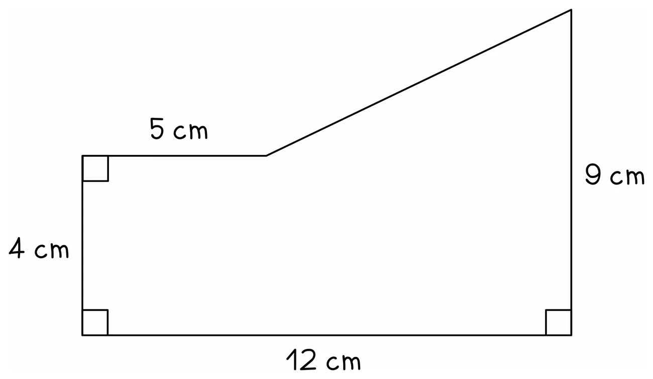 A compound shape with right angles marked at three corners, 4 cm up the left side, 5 cm along a short top edge, then a sloping edge rising to a right side of 9 cm, over a base of 12 cm