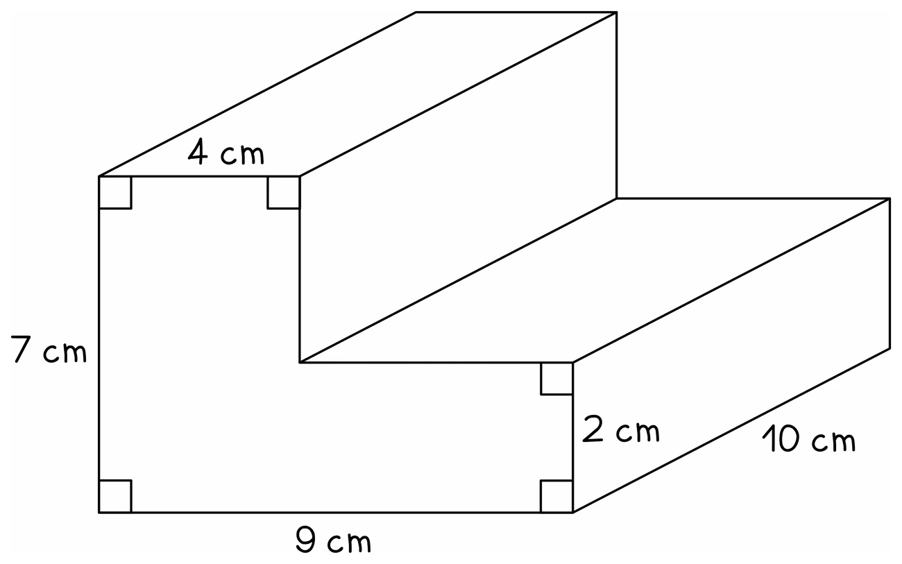 A step-shaped solid 10 cm deep whose cross-section is an L: 7 cm up the left side, 4 cm across the top step, then down to a 2 cm lower step, over a 9 cm base