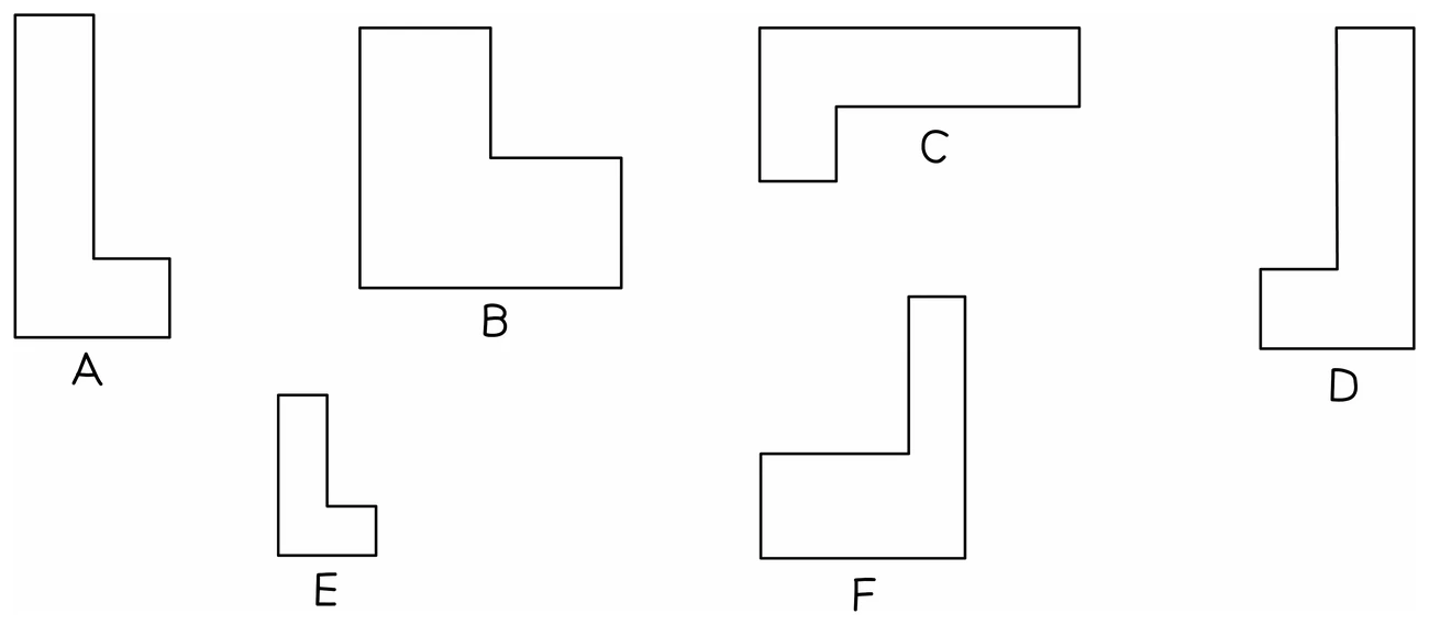 Six L-shaped pieces labelled A to F drawn at different sizes and turned to different orientations, so the congruent pairs have to be found by matching measurements rather than by how each one sits on the page