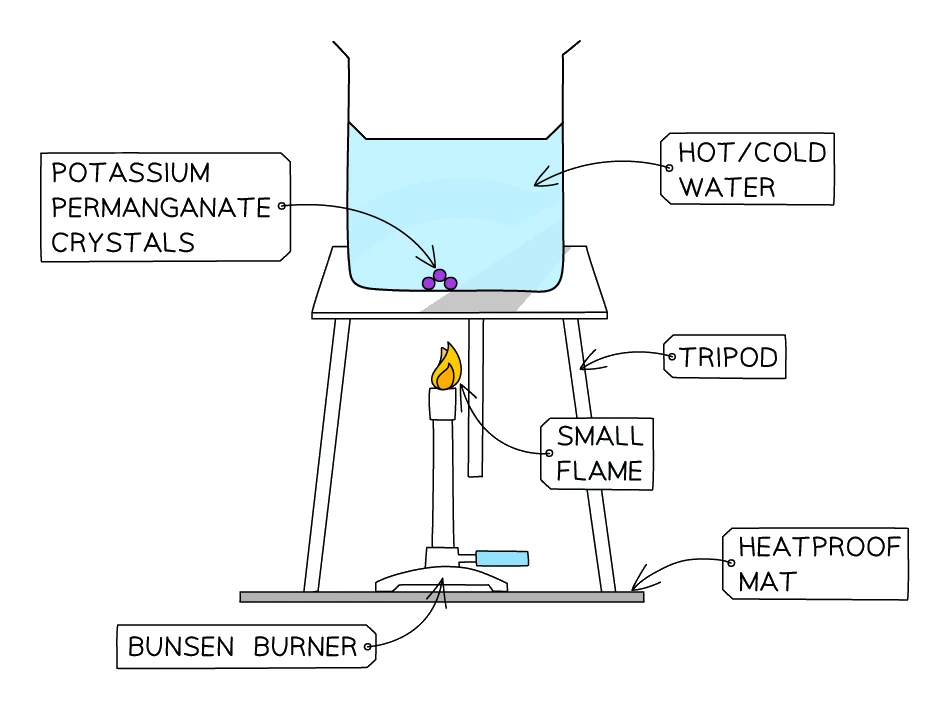 Apparatus for showing convection in water: a beaker of water on a tripod and gauze with a potassium permanganate crystal at the bottom, heated by a small Bunsen flame directly beneath the crystal