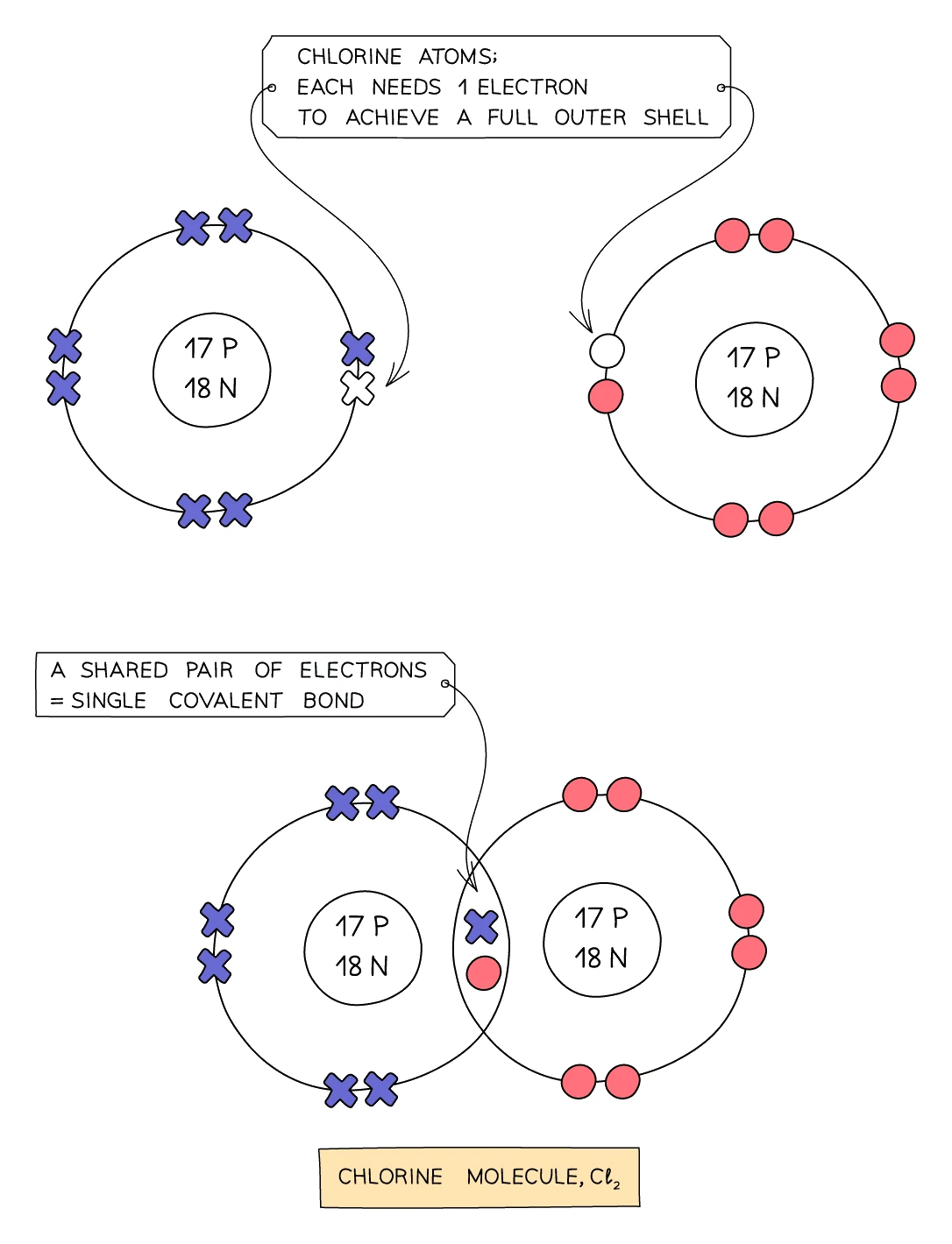 Dot-and-cross diagram showing two chlorine atoms sharing a pair of electrons to form a single covalent bond in a Cl₂ molecule