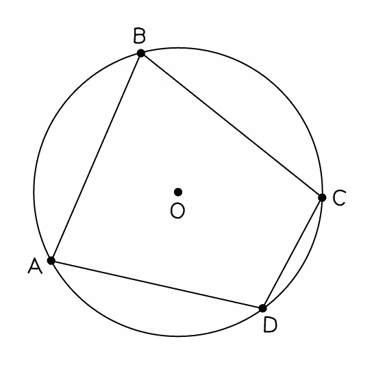 A quadrilateral ABCD drawn inside a circle with centre O, every one of its four corners sitting on the circumference, which is what makes it cyclic