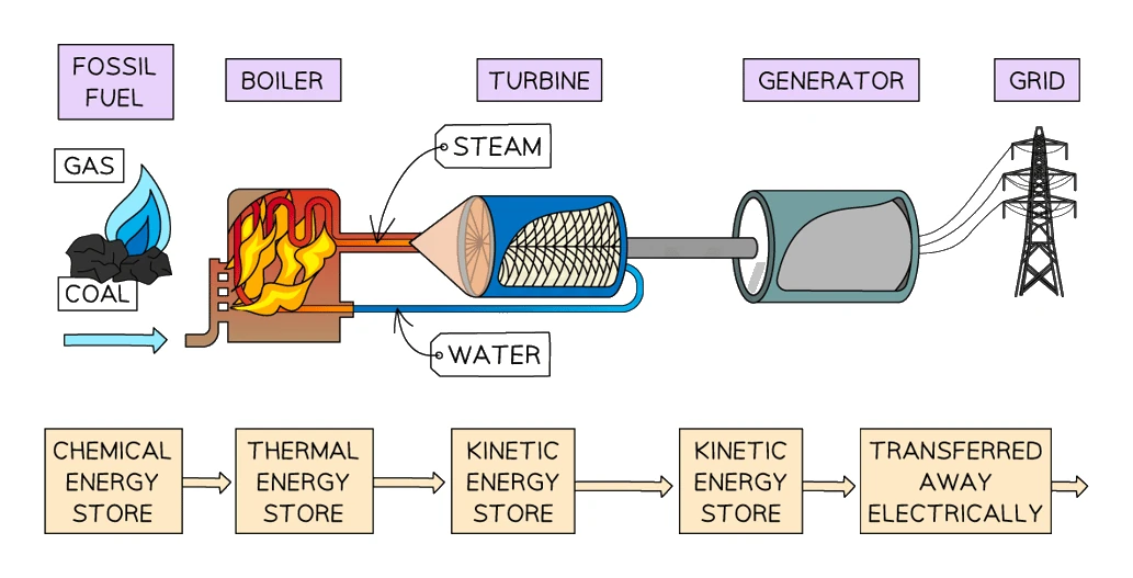 Diagram of the shared electricity-generating chain for a fossil-fuel station: burning gas or coal in a boiler heats water to steam, the steam spins a turbine linked to a generator that feeds the grid, with the energy-store chain chemical → thermal → kinetic → kinetic → transferred away electrically