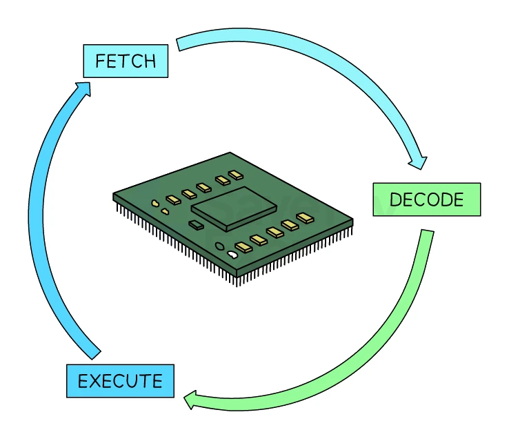 A circular flow diagram of the fetch-decode-execute cycle. Three labelled boxes, Fetch, Decode and Execute, are arranged around a CPU chip at the centre, joined by curved arrows that loop from Fetch to Decode to Execute and back to Fetch, showing the cycle repeating continuously