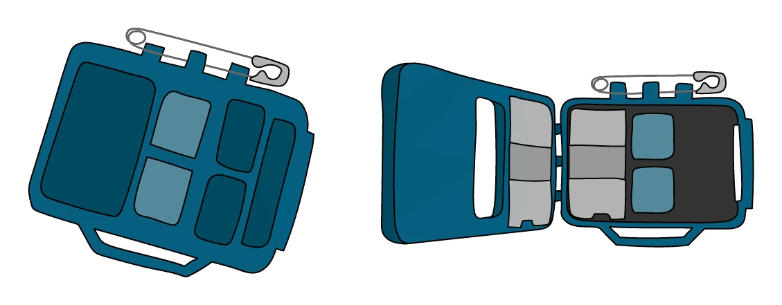 A film badge dosimeter shown closed and opened, revealing the strip of photographic film behind different absorbing windows used to measure a radiation worker's exposure