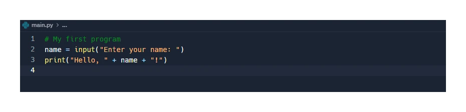 Screenshot of an IDE code editor showing a short Python program with syntax highlighting: the comment is grey, the built-in functions input and print are one colour, and the string literals are another, making the different parts of the code easy to tell apart.
