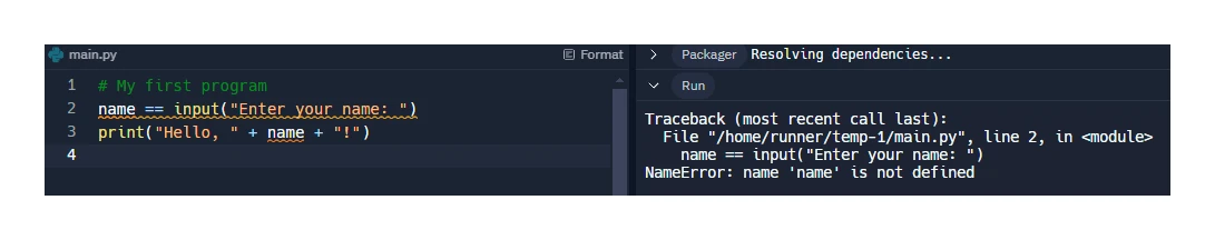 Screenshot of an IDE showing error diagnostics: a mistake on line 2 is underlined in the editor, and when the program is run a traceback appears in the output panel naming the line and the type of error (a NameError).