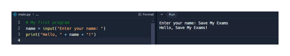 Screenshot of an IDE run-time environment: the source code is on the left and, after pressing Run, the program executes and its input prompt and printed output appear in a panel on the right, without leaving the IDE.