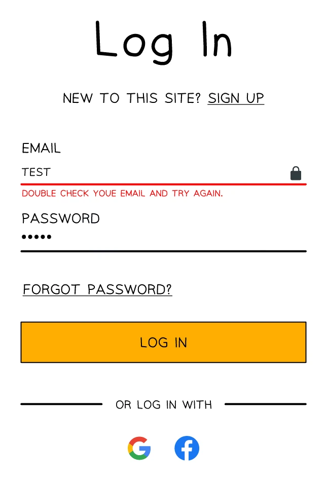 Login form rejecting an implausible email entry, showing a red error message asking the user to check the email and try again