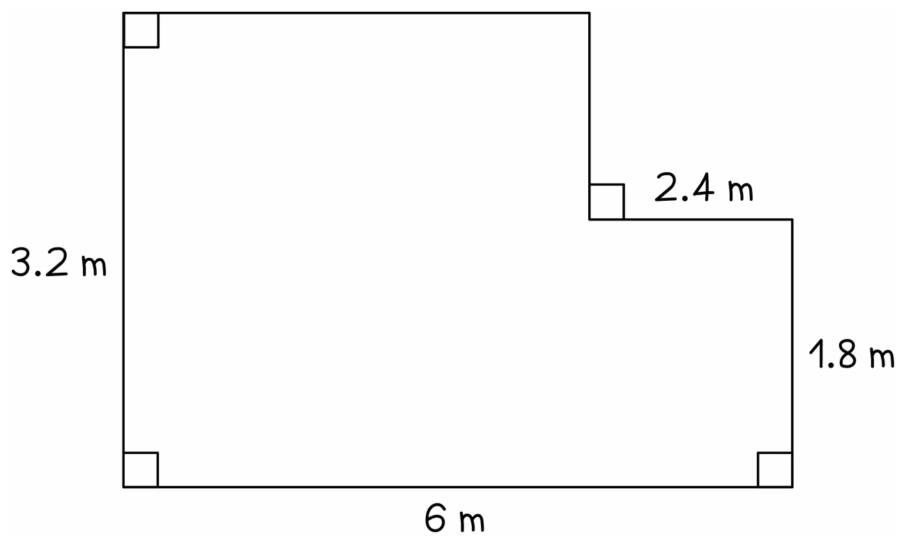 An L-shaped floor plan with right angles marked at each corner, labelled 3.2 m up the left side, 6 m along the bottom, 1.8 m up the right side and a 2.4 m step across the top; the top edge and the vertical part of the step are not labelled