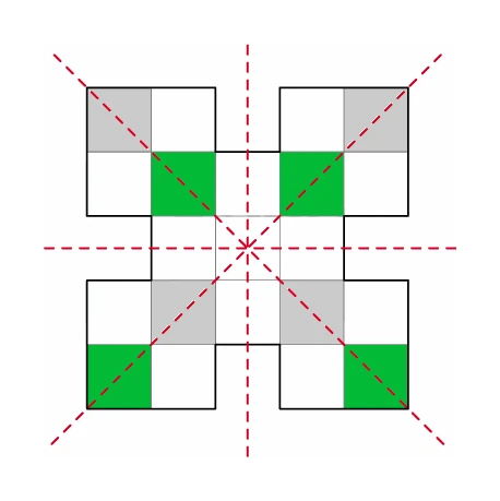 A cross-shaped tile made of shaded and unshaded squares with all four of its lines of symmetry drawn dashed: one vertical, one horizontal and both diagonals through the centre