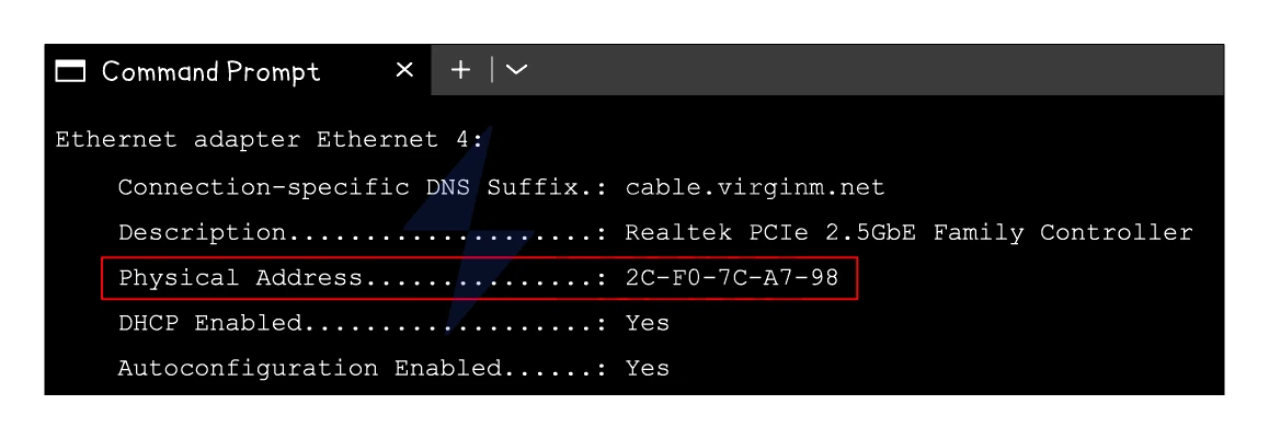A Command Prompt window showing the output of ipconfig, with the device's Physical Address (its MAC address) written as hexadecimal digit pairs, 2C-F0-7C-A7-98, highlighted in a red box