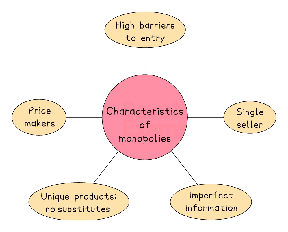 Mind map of the characteristics of a monopoly: a single seller, high barriers to entry, unique products with no substitutes, imperfect information, and the firm acting as a price maker