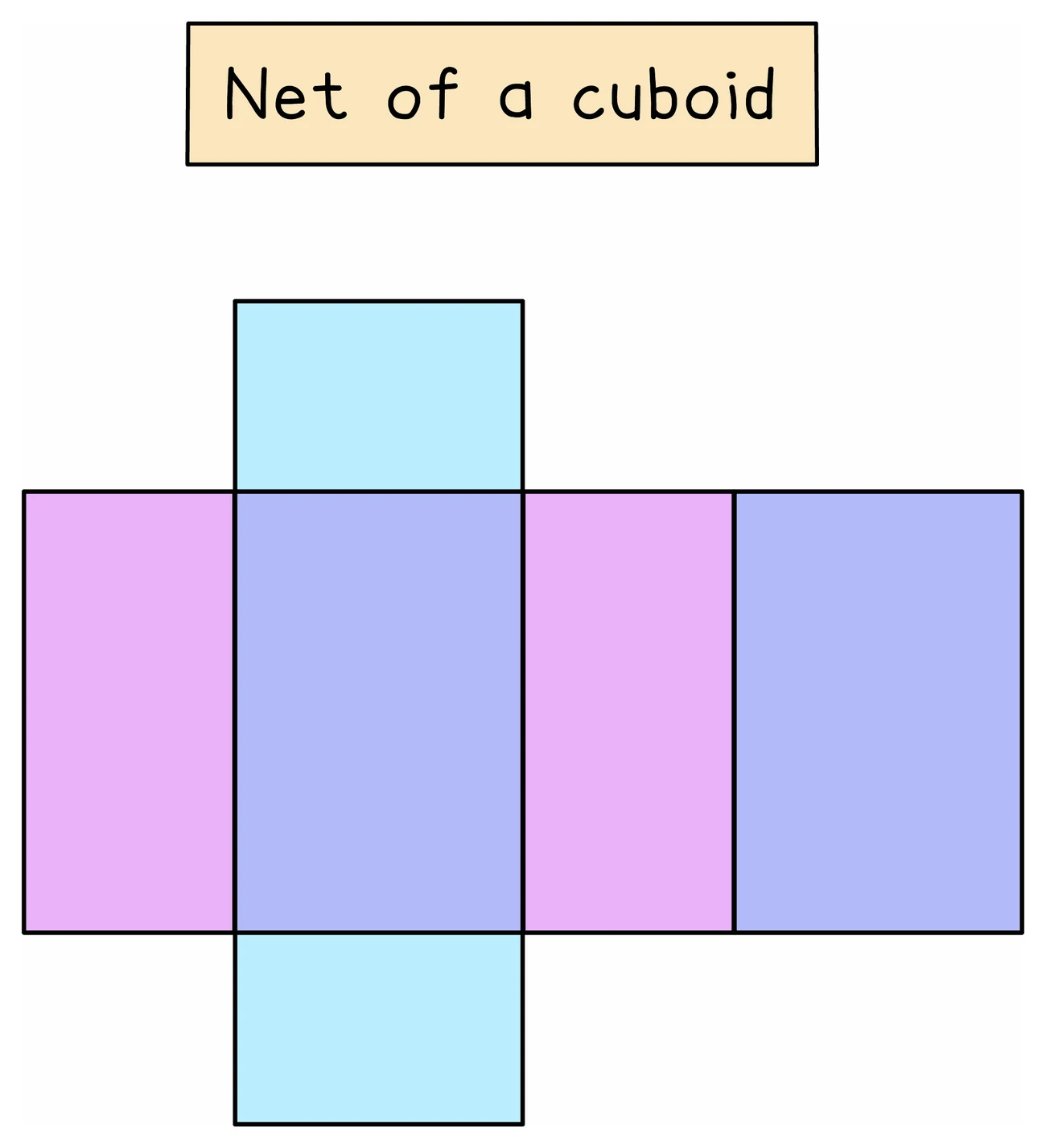 A net of a cuboid coloured to show the matching pairs: two identical end faces, two identical top and bottom faces, and two identical side faces, folding to a box with three pairs of equal rectangles