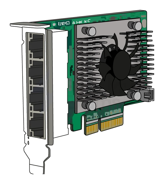 A network interface card (NIC): a circuit board carrying several Ethernet ports along its metal bracket on the left, a large heat sink and cooling fan over the controller chip, and gold edge connectors along the bottom that slot into a socket on the computer's motherboard