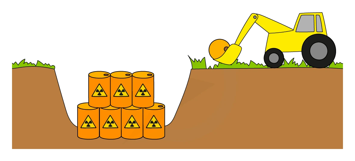 Radioactive waste sealed inside labelled metal drums being buried below ground level in a monitored disposal site