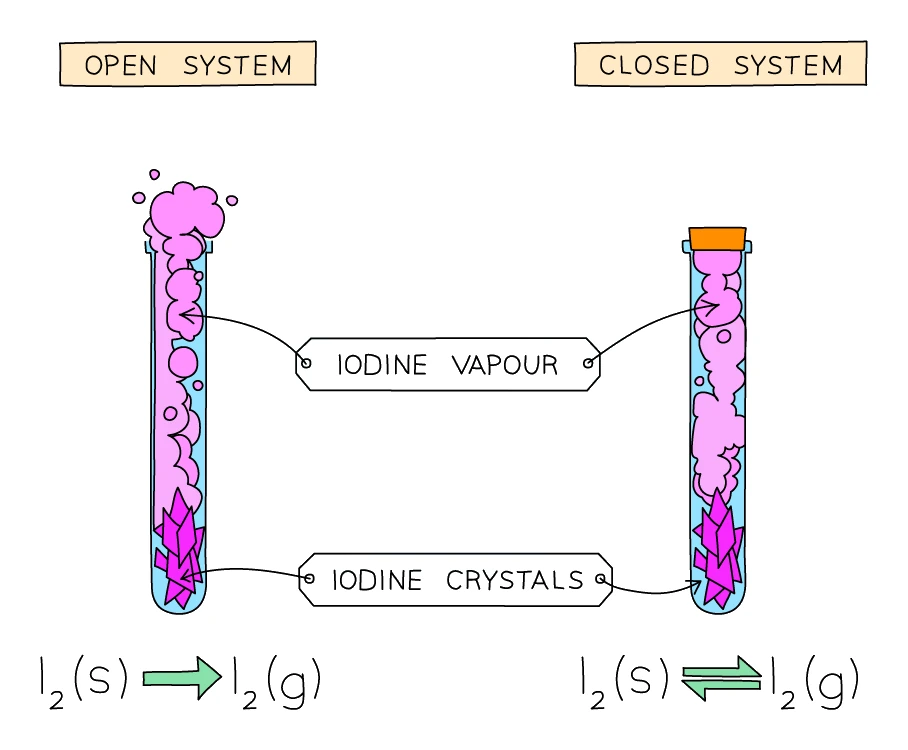 Iodine in an open versus a closed test tube: in the open system iodine vapour escapes so the change is one-way, I2(s) → I2(g); in the sealed closed system the vapour cannot leave and recondenses, so a reversible equilibrium I2(s) ⇌ I2(g) is set up