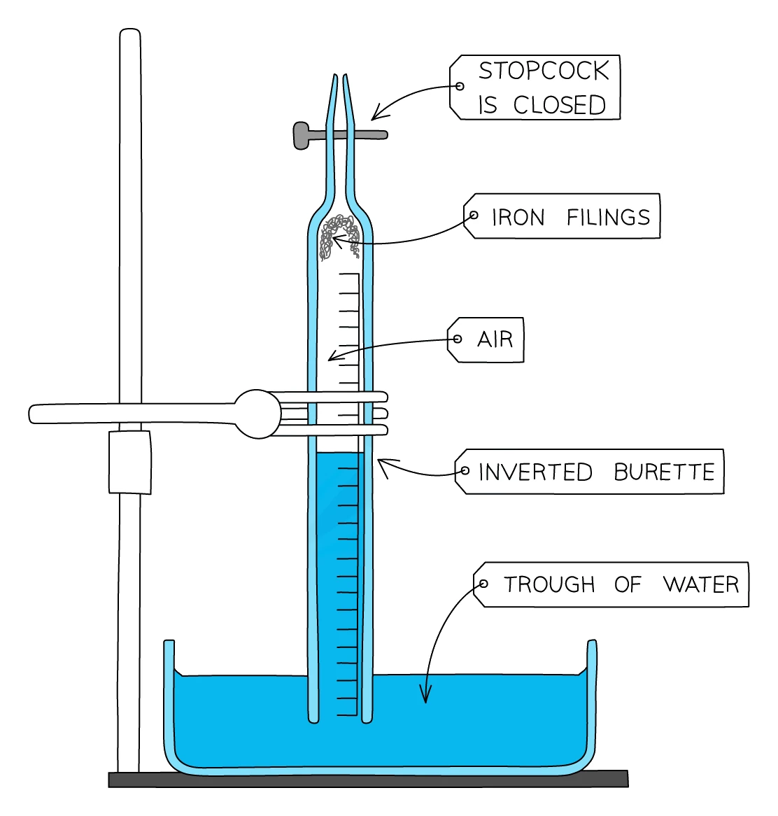 Apparatus for finding the percentage of oxygen in air: an inverted burette holding iron filings above a trapped column of air, its closed stopcock at the top, standing mouth-down in a trough of water